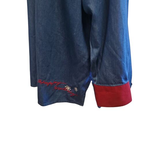 Vintage Karen Scott Denim Christmas Happy Holidays Embroidered Stockings Shirt - Picture 10 of 13